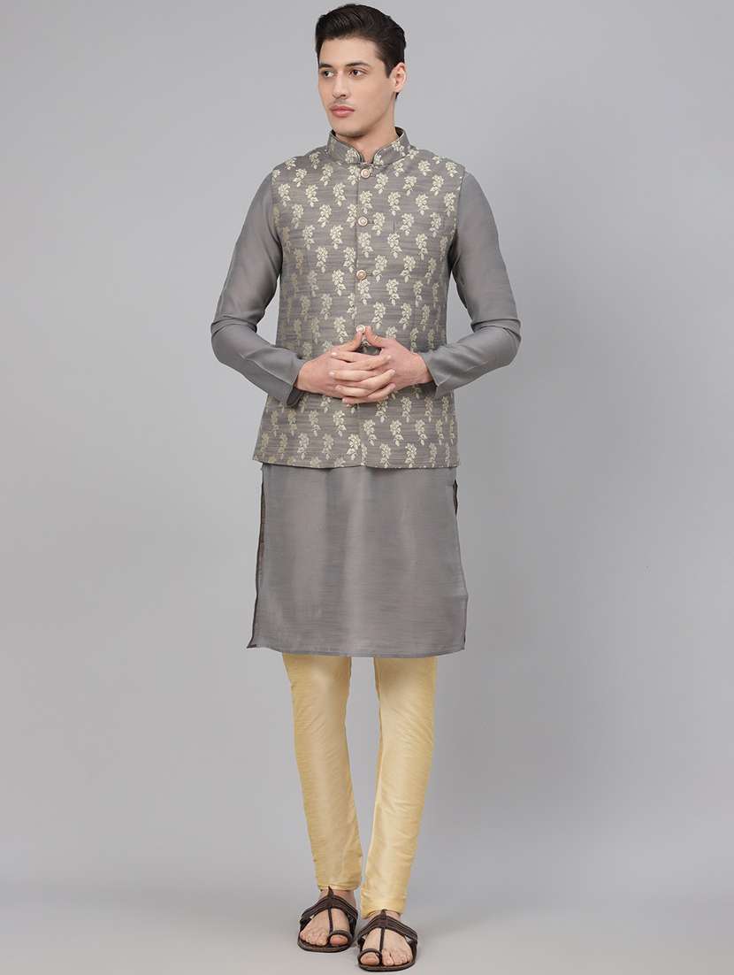 grey solid kurta pyjama set with jacquard nehru jacket