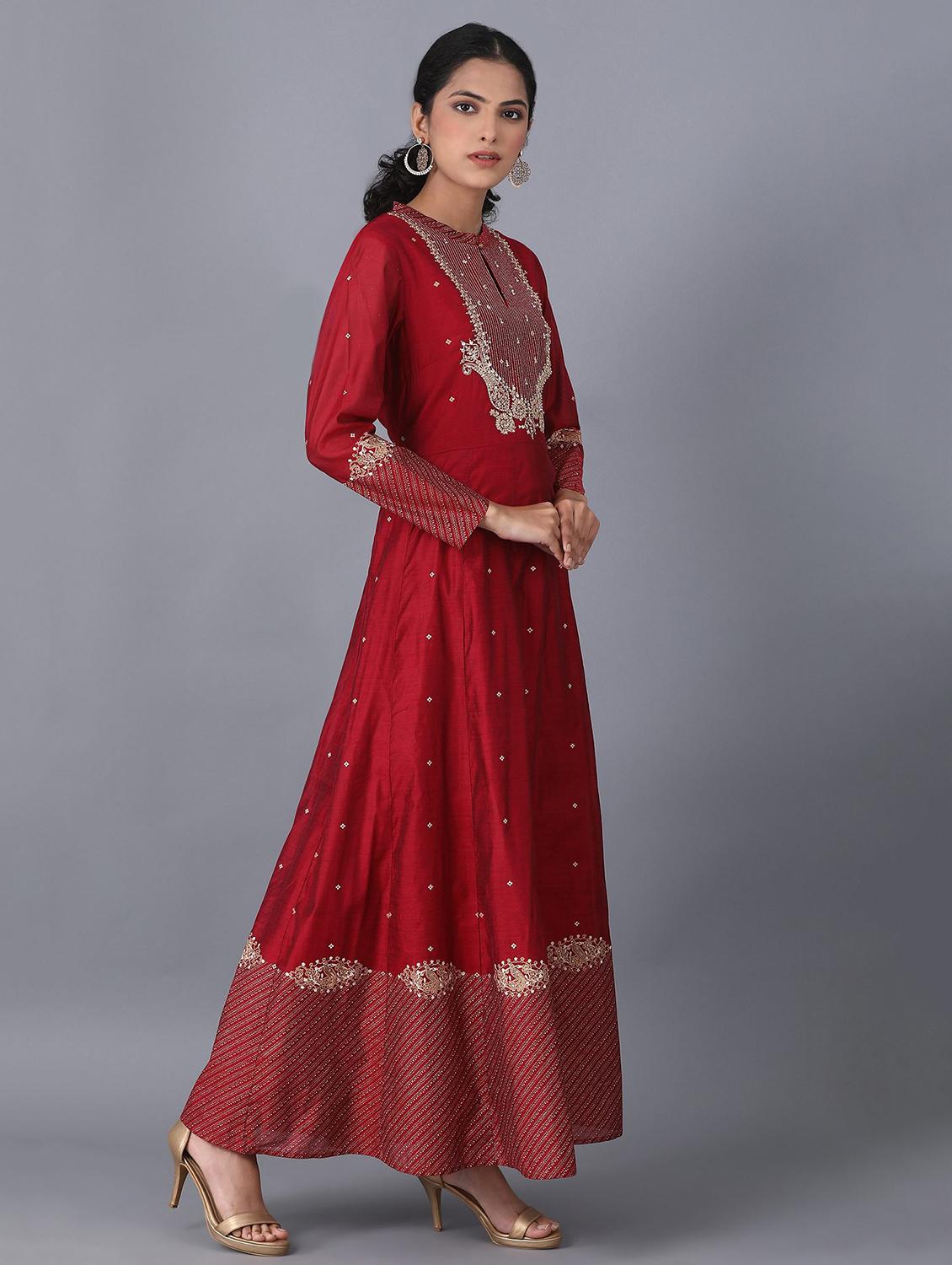 embroidered chanderi flared ethnic dress - 17791205 - Standard Image - 2