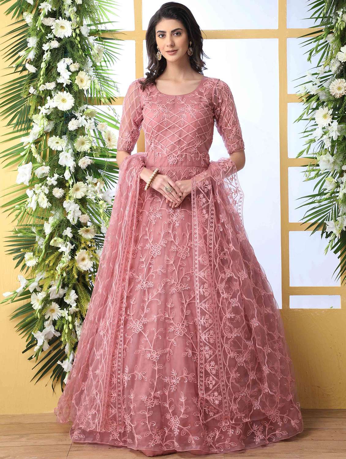 net flared dress Golden Yellow Net Flared Style Reception Gown with Leaf Neck-GL1968