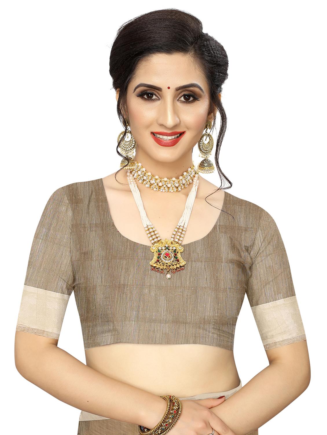 beige linen saree - 17794932 - Standard Image - 2