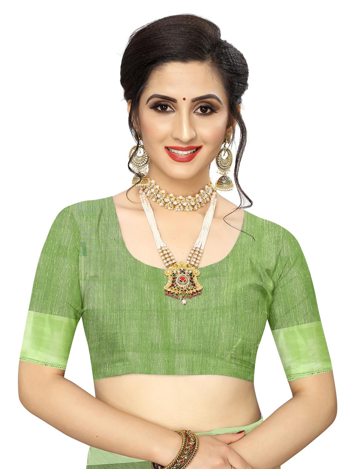 green linen saree with blouse - 17794935 - Standard Image - 2