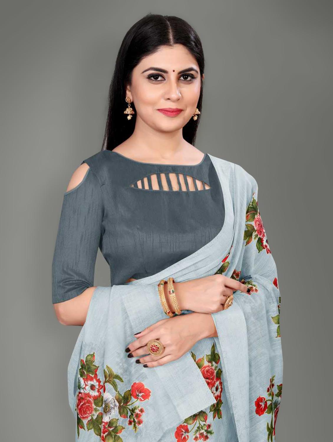 grey linen saree with blouse - 17794938 - Standard Image - 2