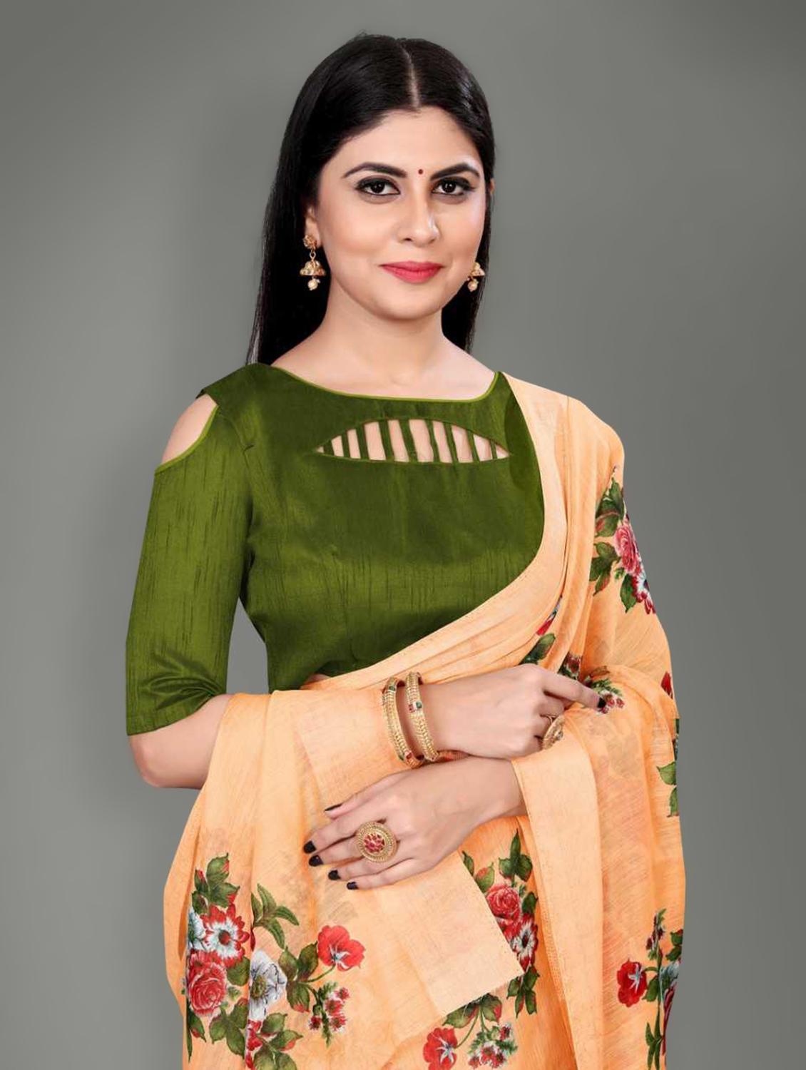 orange linen saree with blouse - 17794939 - Standard Image - 2