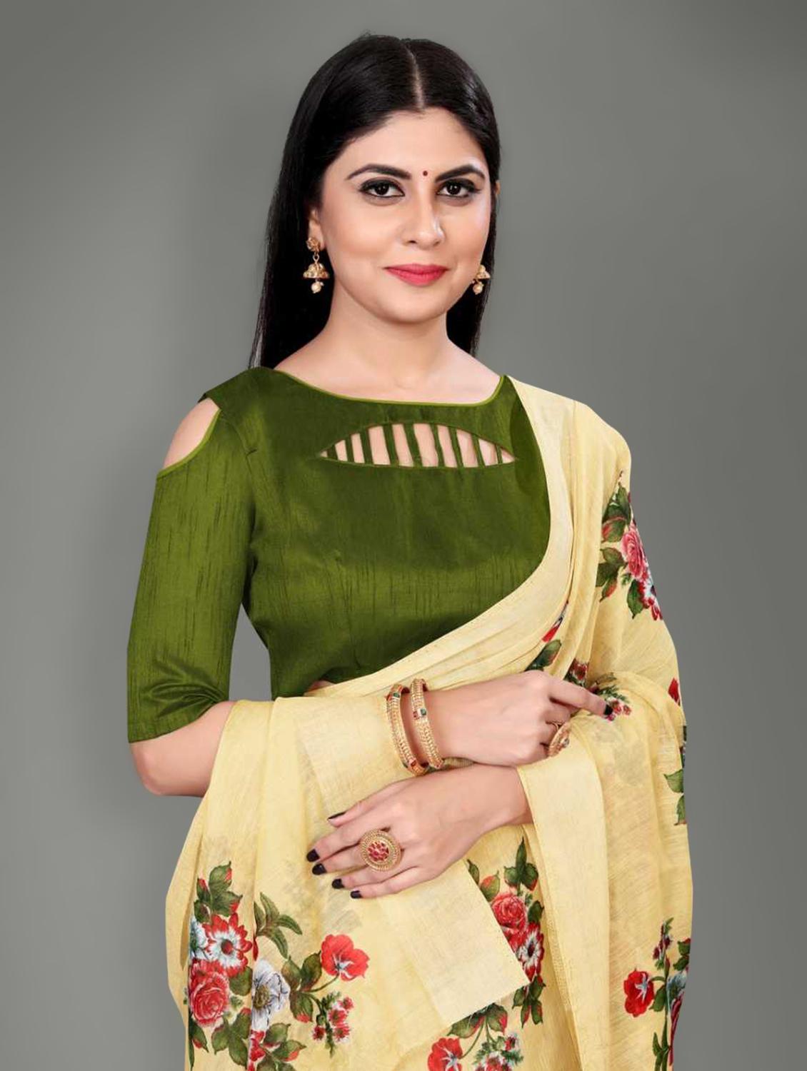 yellow linen saree with blouse - 17794941 - Standard Image - 2