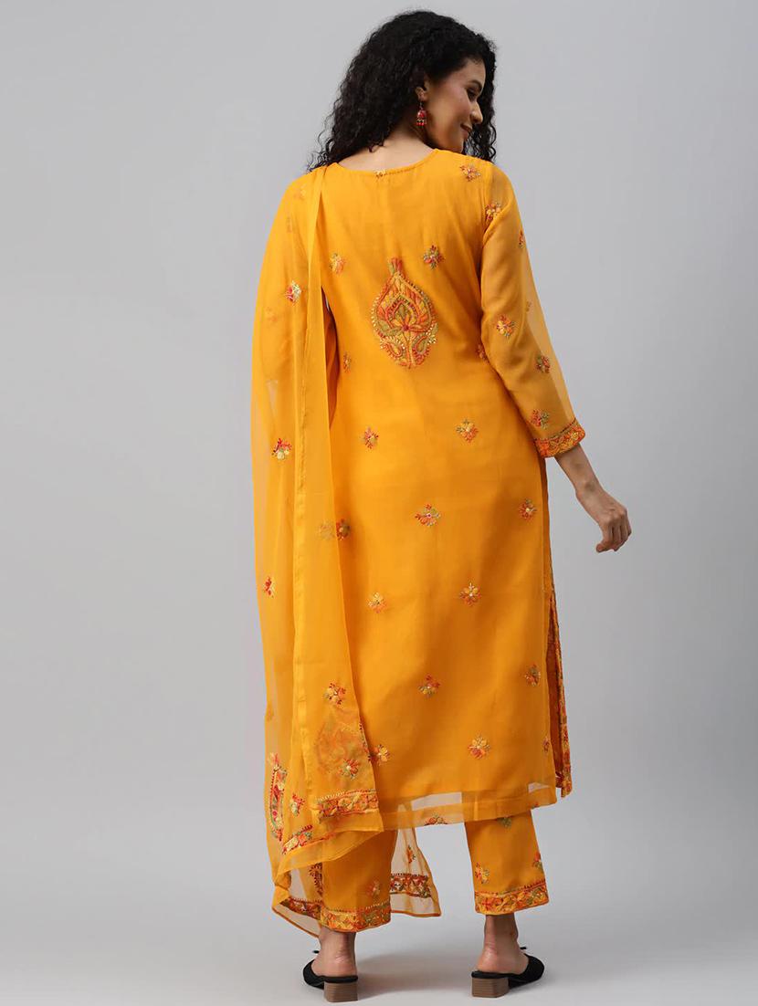 ada hand-embroidered mustard unstitched suit - 17797451 - Standard Image - 2