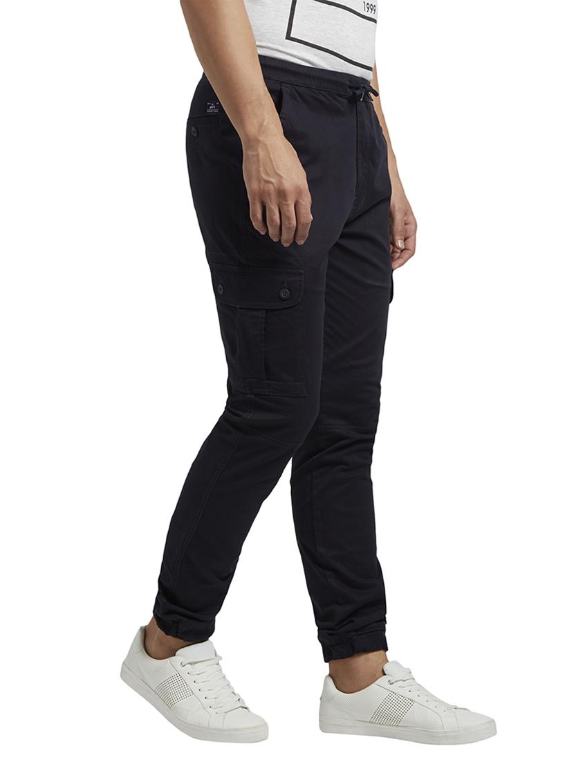 navy blue solid flat front casual trouser with drawstring - 17799535 - Standard Image - 2