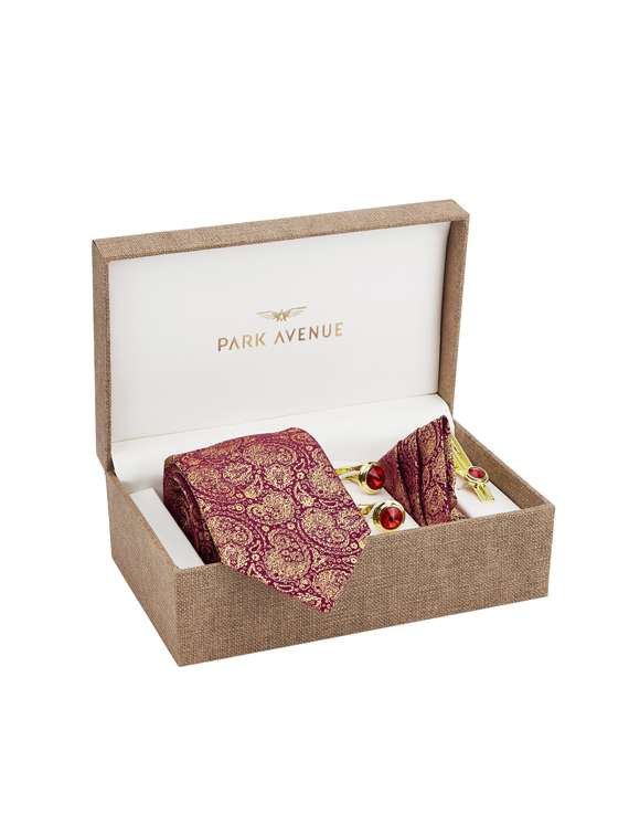 red polyester tie with cufflinks