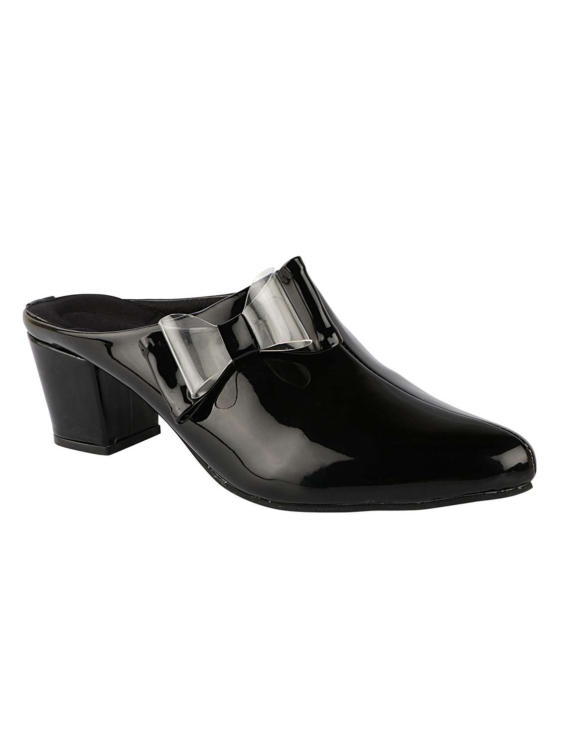 black synthetic slip on sandals