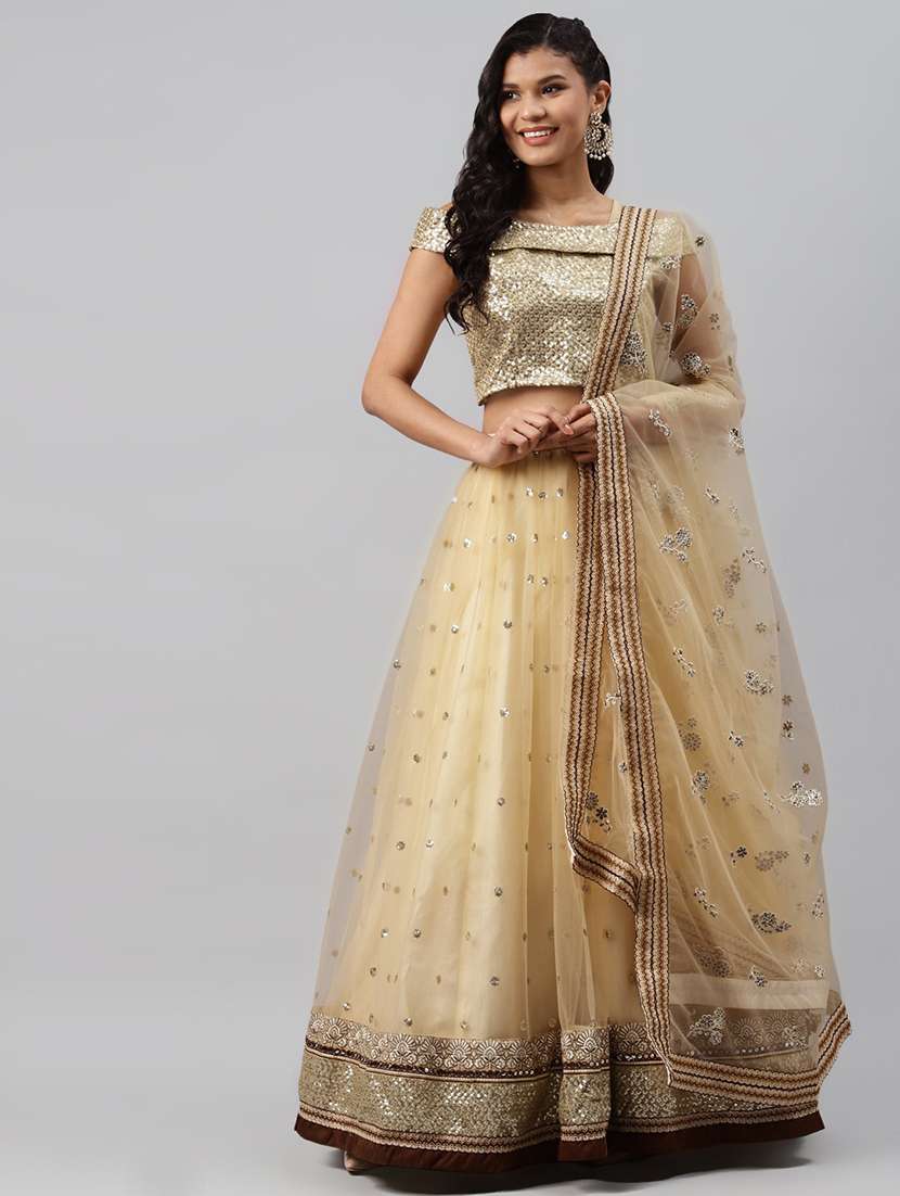 gold net flared lehenga