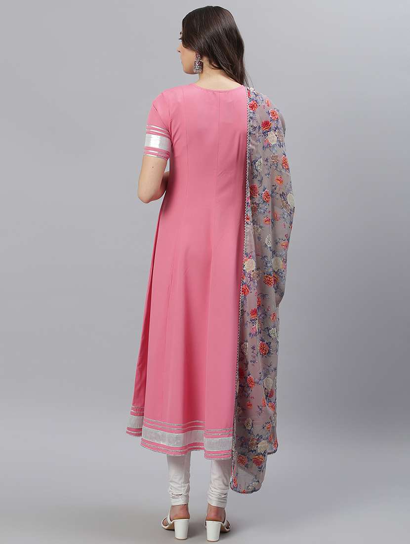 Women Pink Round Neck Kurta Legging Set With Dupatta