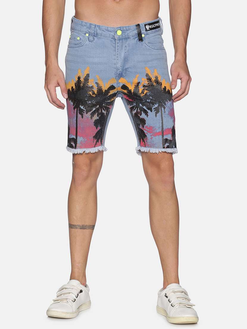 blue printed denim shorts