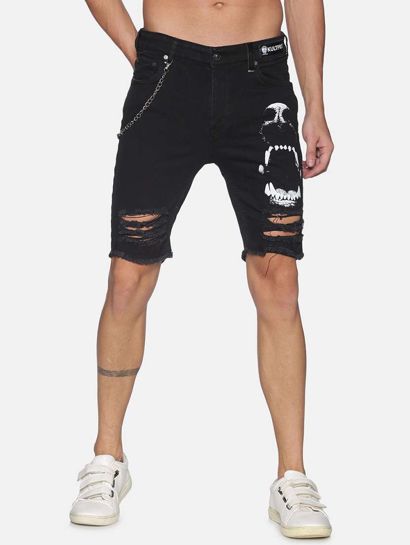 black printed ripped denim shorts - 17813705 - Zoom Image - 0