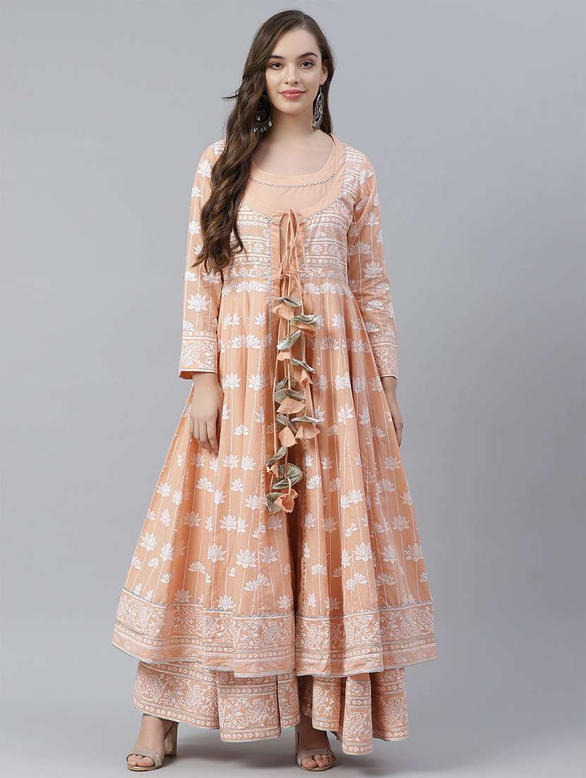 peach floral print layered ethnic dress