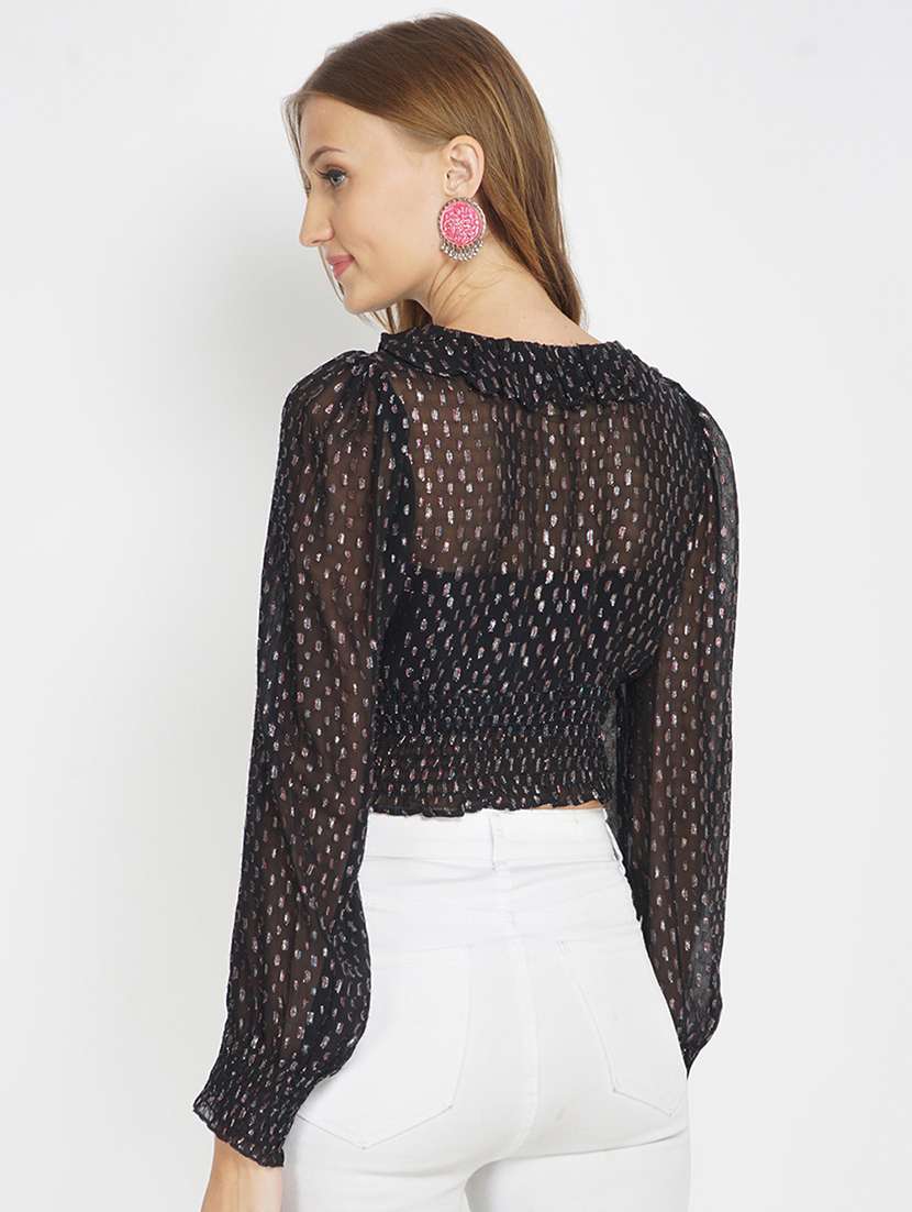 frill neck dobby crop top - 17822249 - Standard Image - 2
