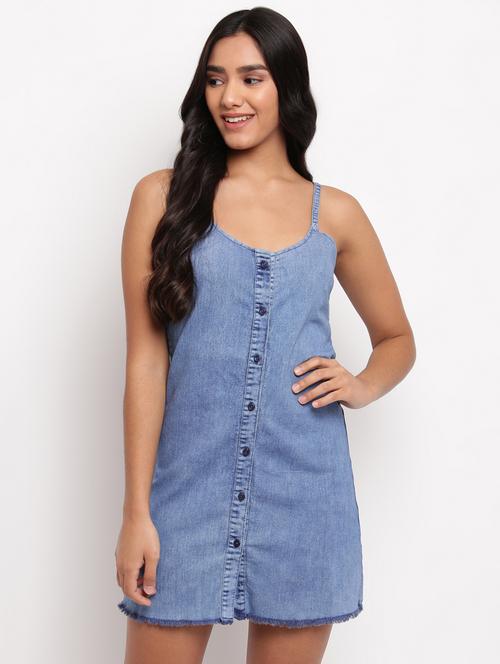women plain shoulder strap denim dress - 17822549 - Standard Image - 0