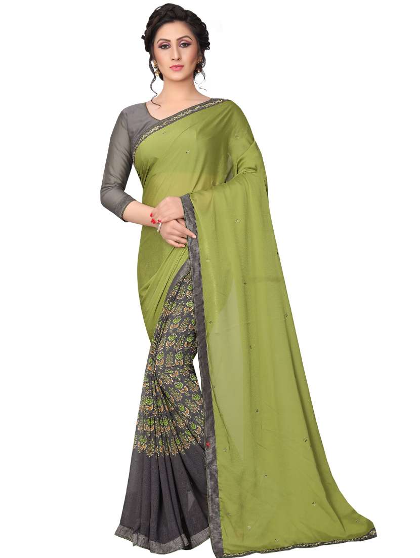 green georgette half and half saree with blouse