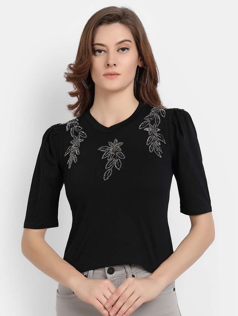 women's crop round neck top