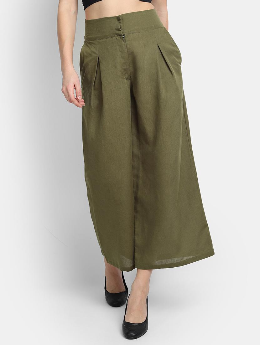 women solid high rise wide leg trouser