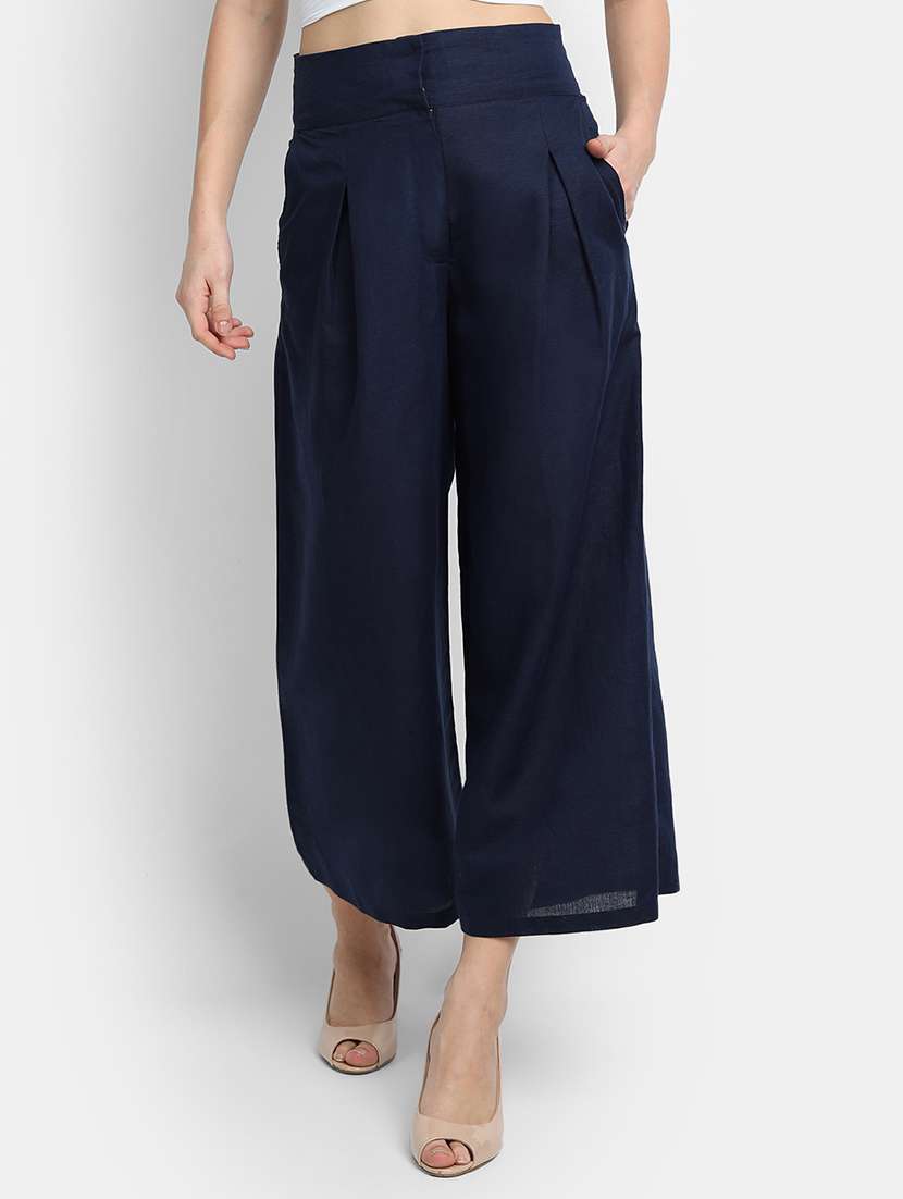 women solid high rise wide leg trouser