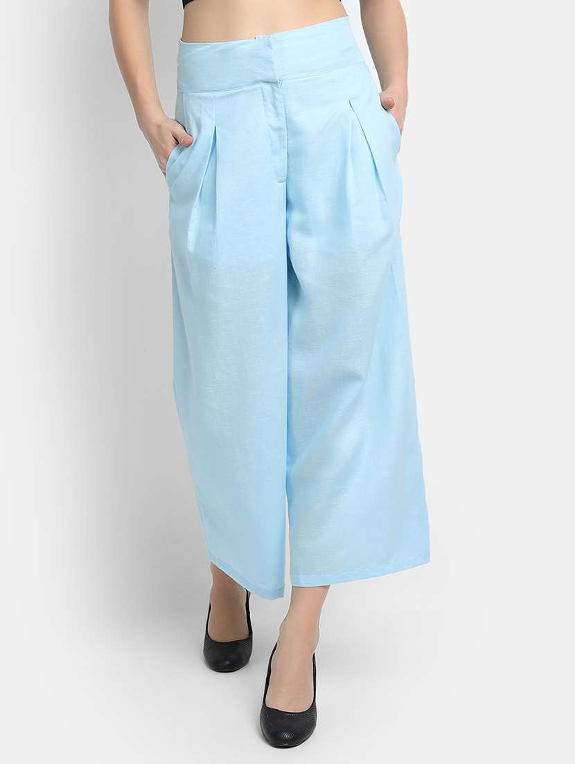 women solid high rise wide leg trouser