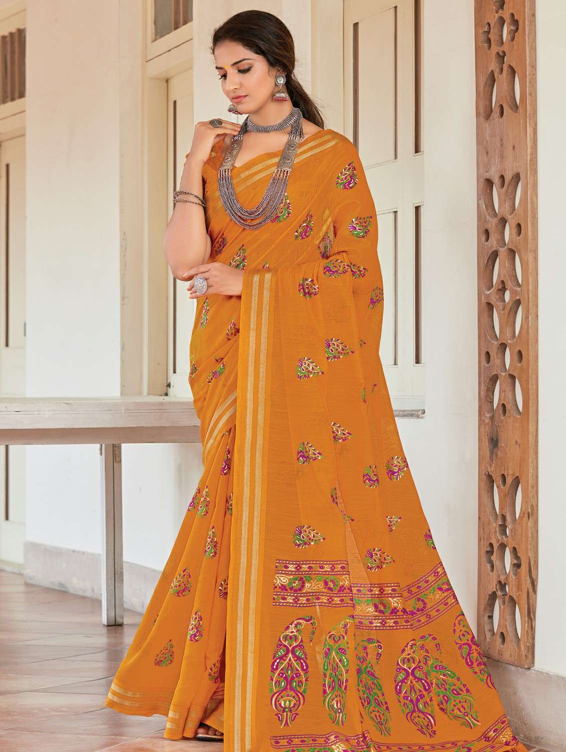 mustard floral saree with blouse