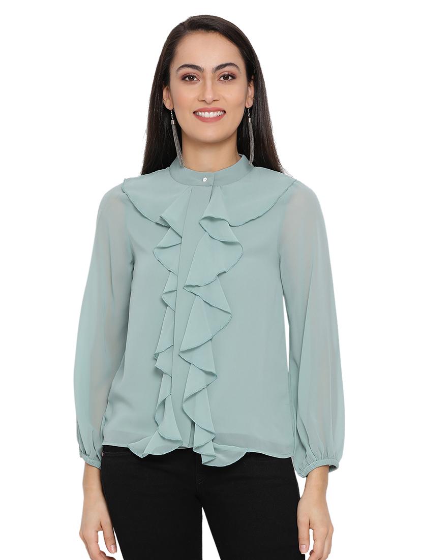 mandarin neck ruffled top - 17843691 - Zoom Image - 0