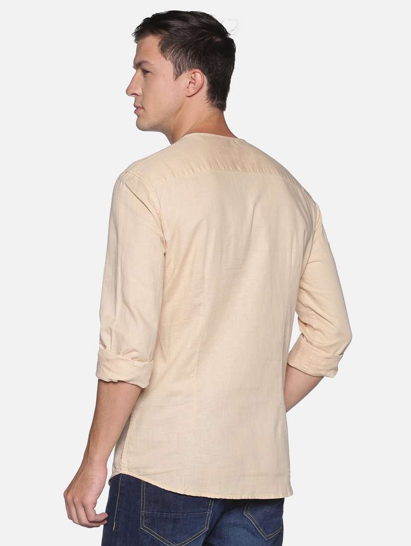 beige solid linen short kurta - 17844328 -  Standard Image - 2