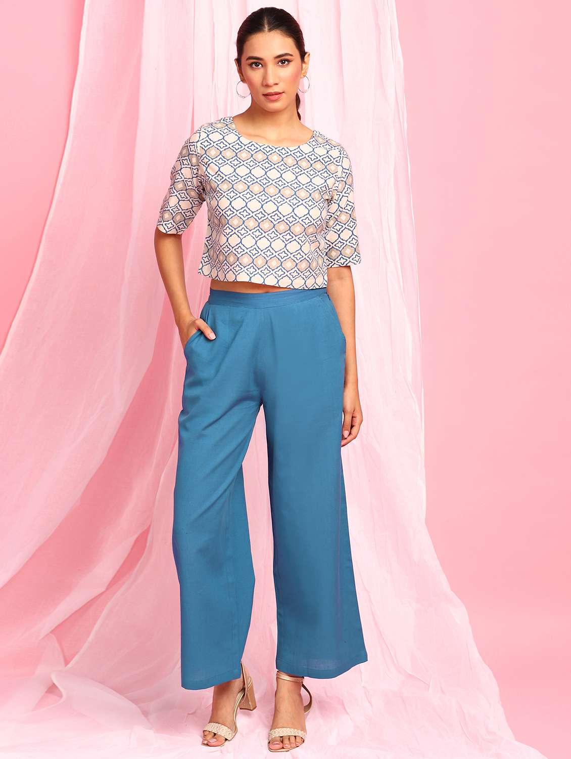 blue & cream top pants set co-ord set