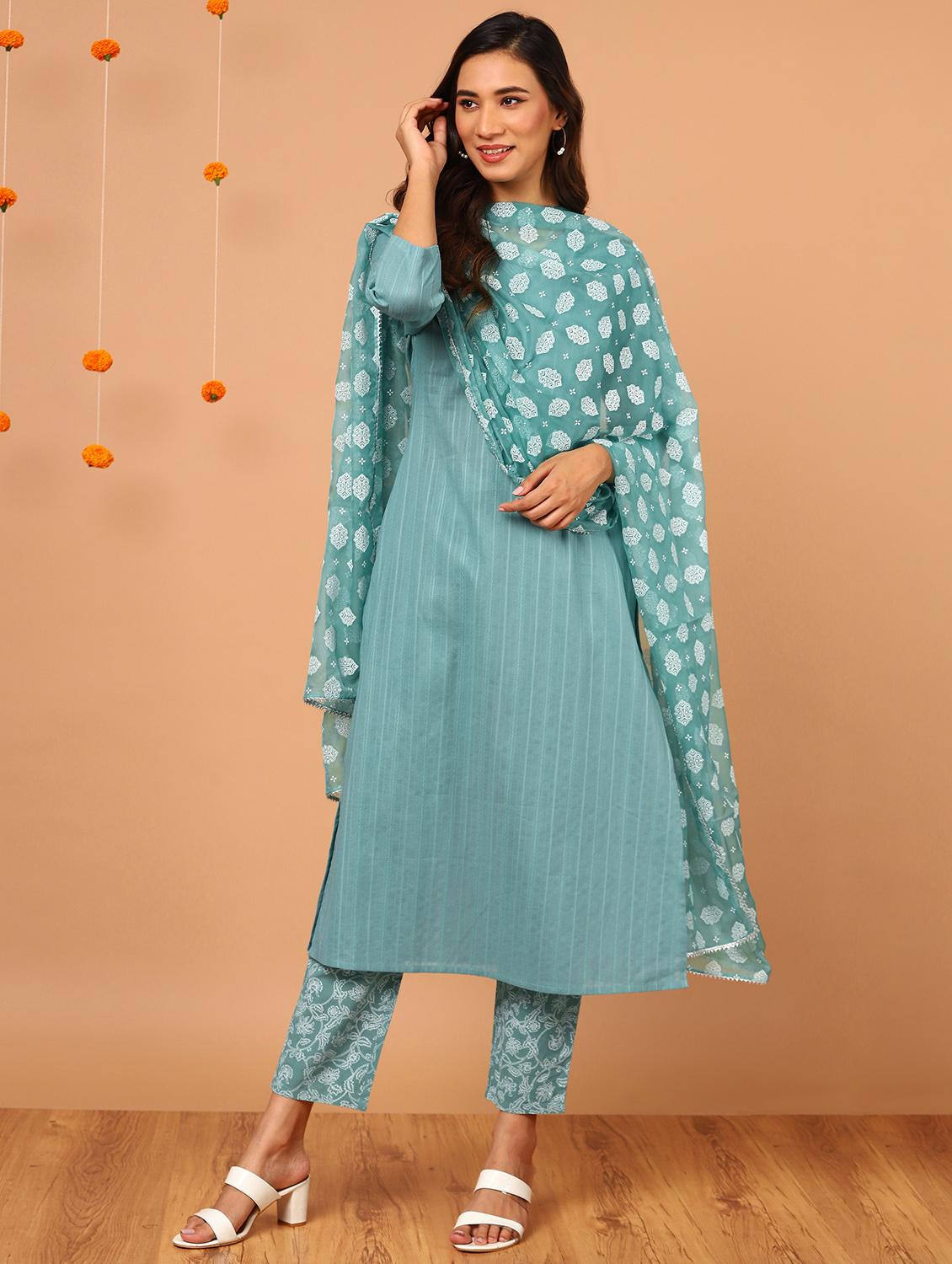 women three quarter sleeve kurta pant with dupatta set