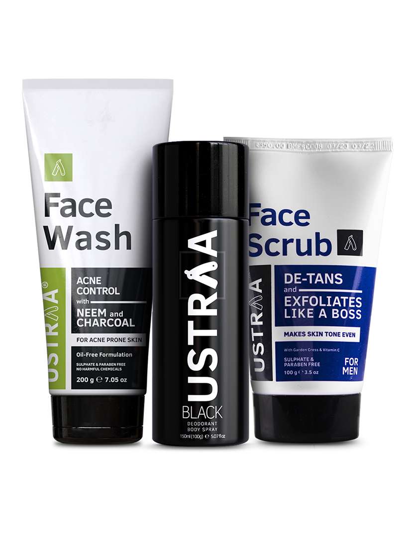 ustraa black deodorant - 150ml, de-tan face scrub - 100g & face wash neem and charcoal - 200g