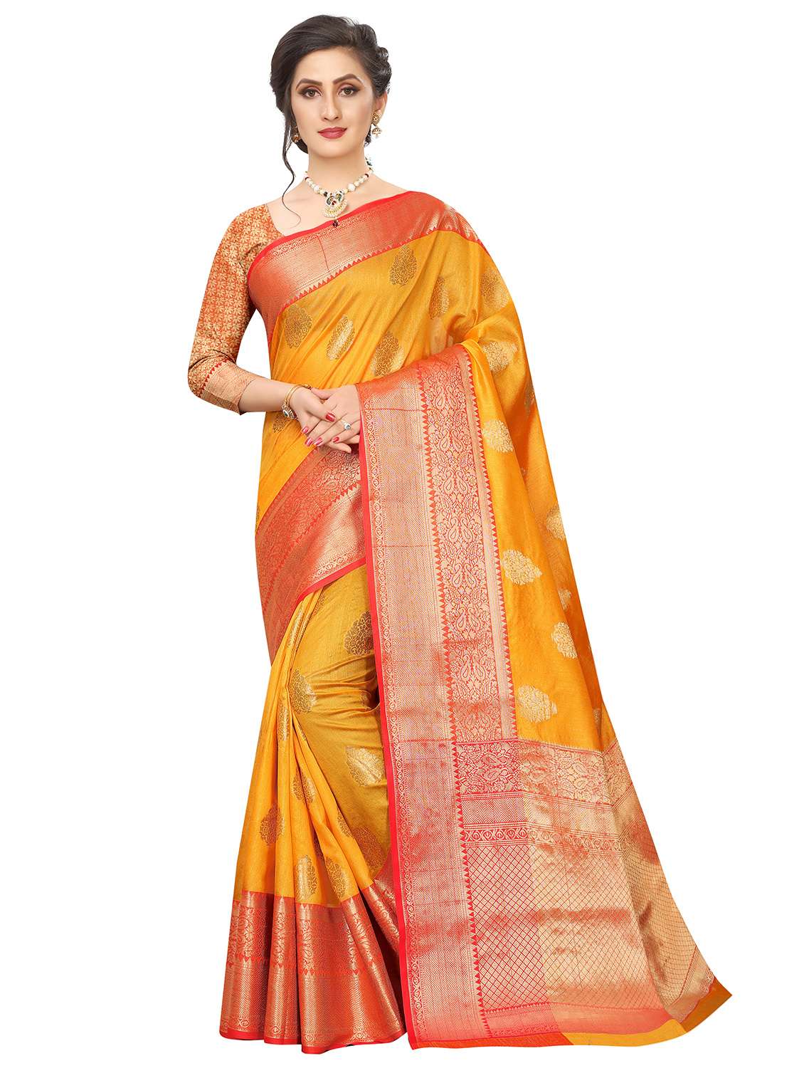 women's self design yellow colored saree with blouse
