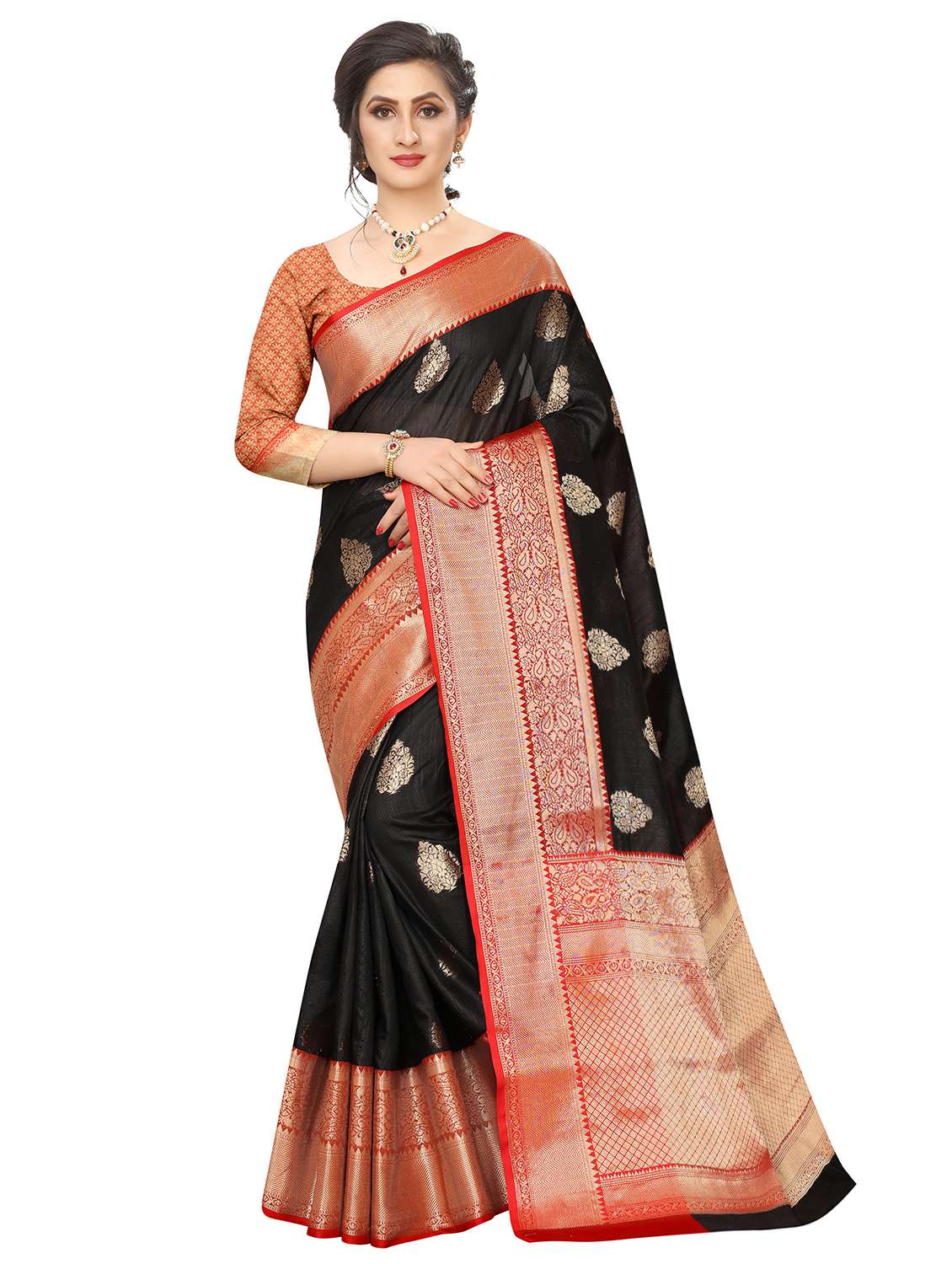 women's self design black colored saree with blouse