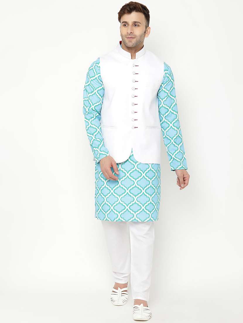 blue printed kurta pyjama set with white solid nehru jacket
