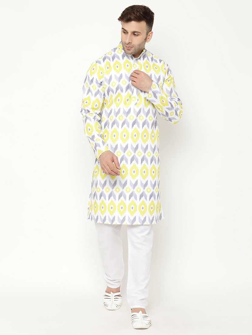 yellow printed kurta pyjama set