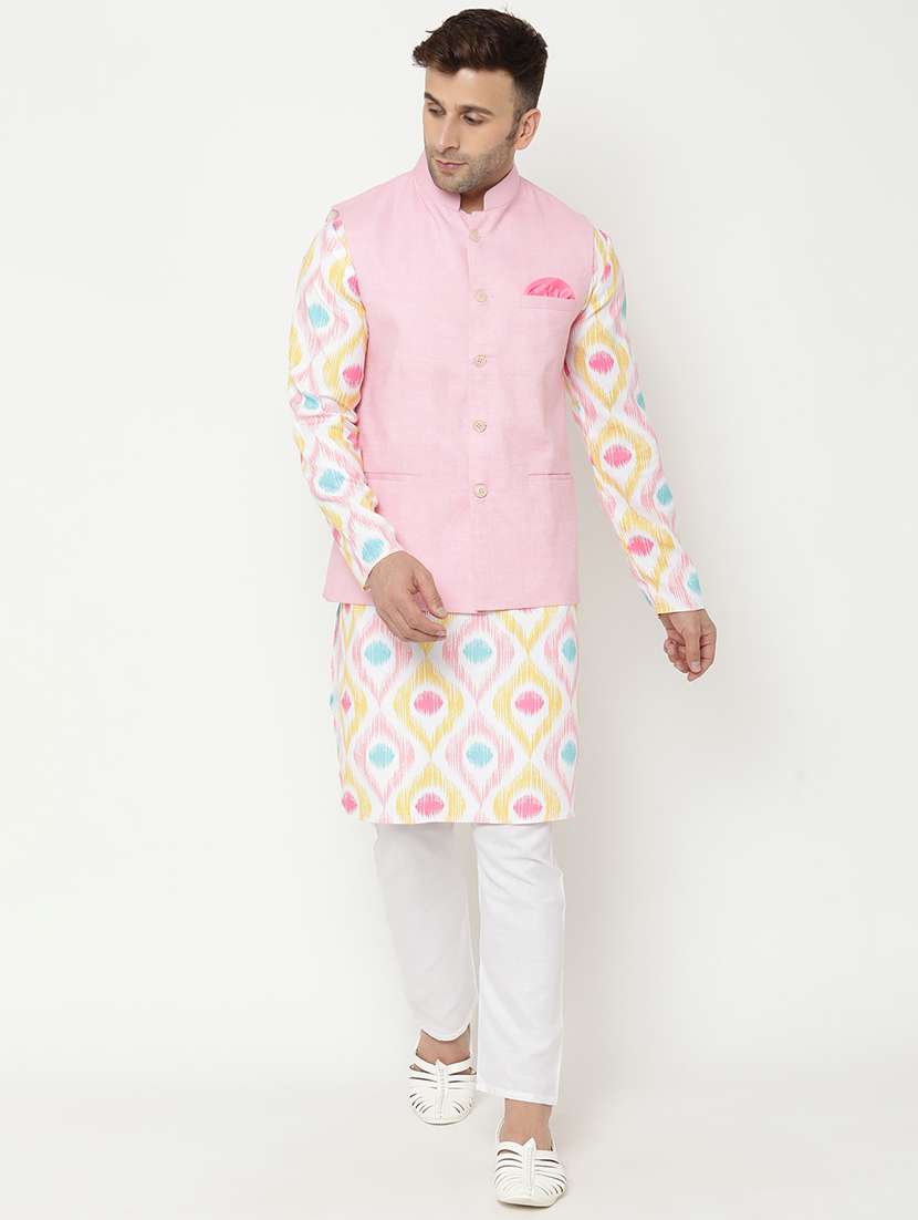 yellow printed kurta pyjama set with pink solid nehru jacket