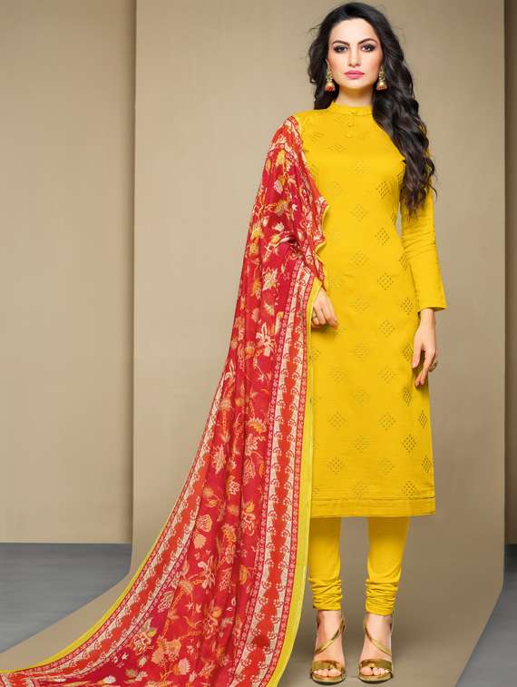 embroidered semi-stitched churidaar suit set