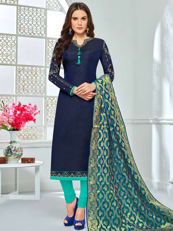 navy silk semistitched suit