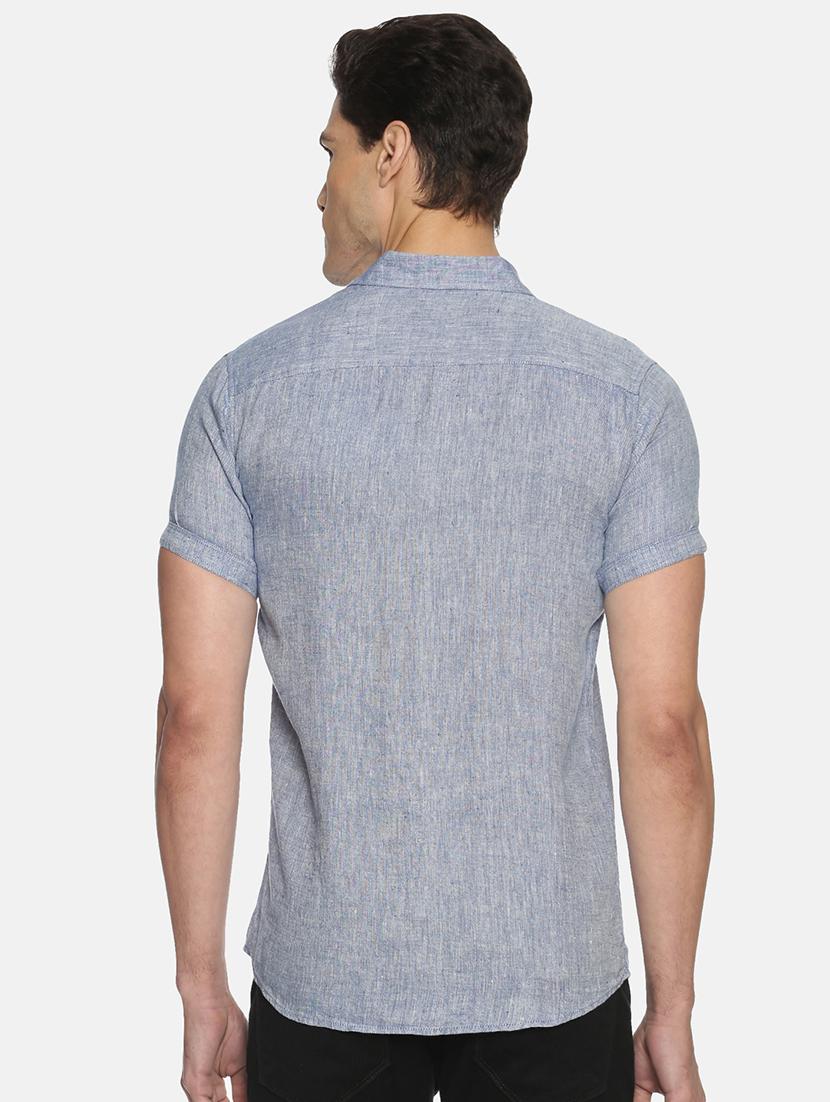 dark blue solid linen casual shirt - 17859259 - Standard Image - 2