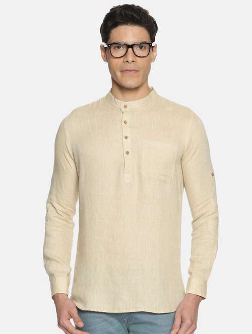 beige solid linen short kurta - 17860050 -  Standard Image - 0