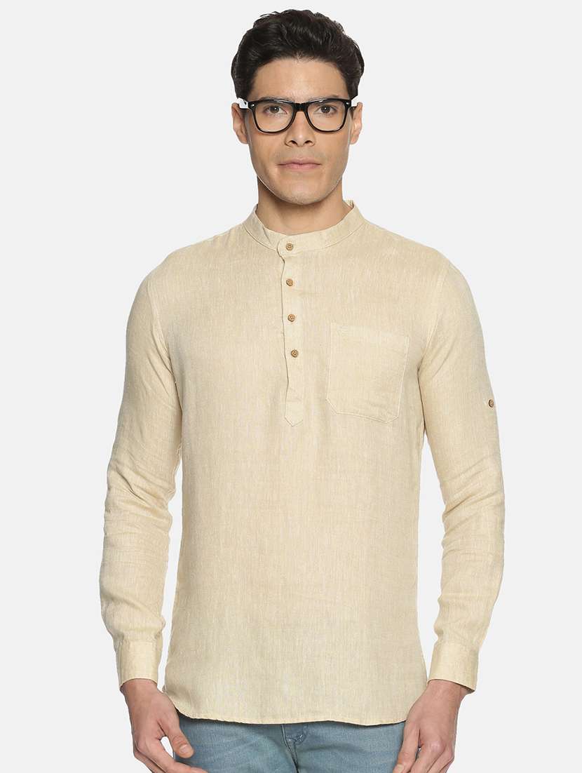 beige solid linen short kurta