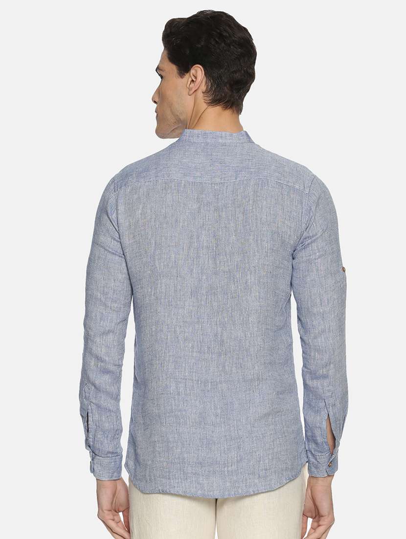 blue solid linen short kurta - 17860051 - Standard Image - 2