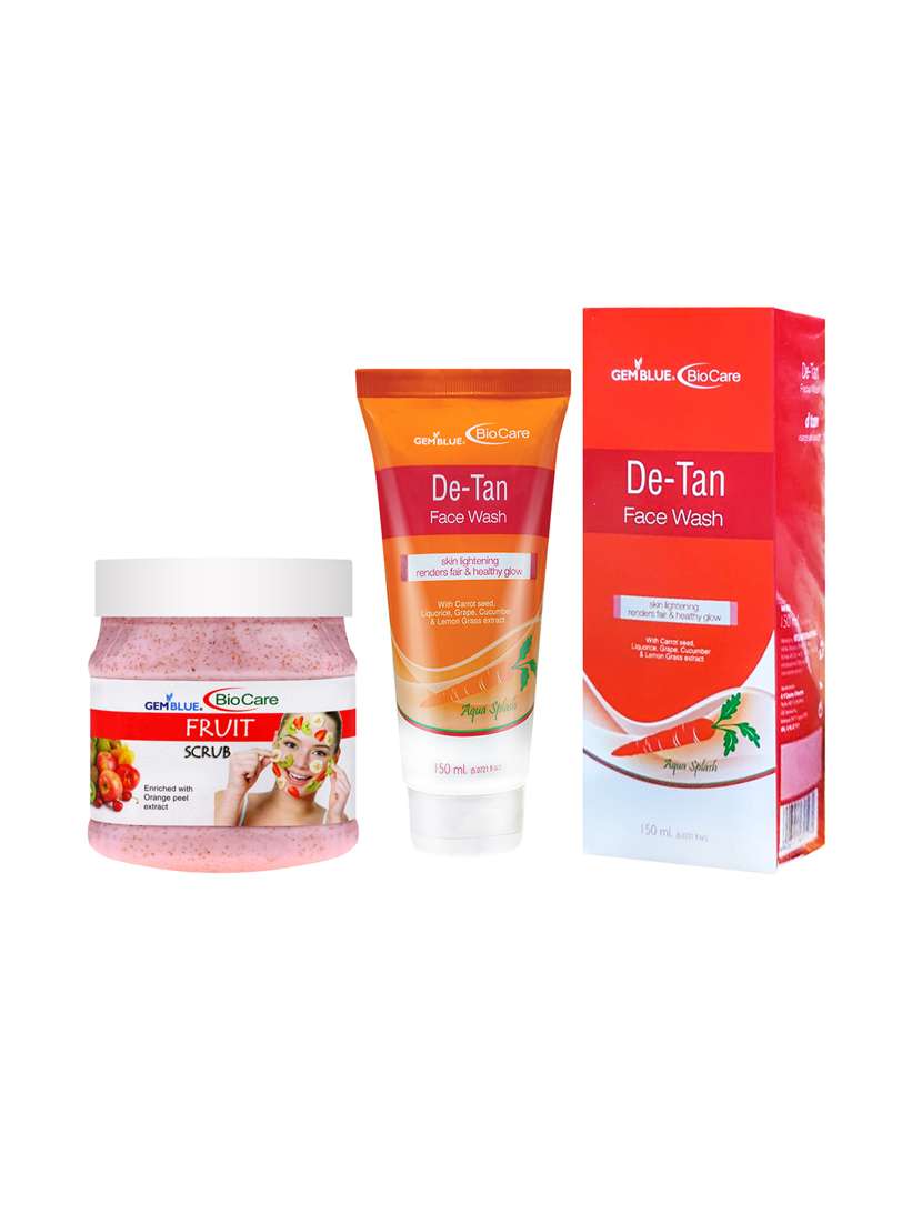 gemblue biocare  fruit scrub, 500ml and de-tan face wash, 150ml