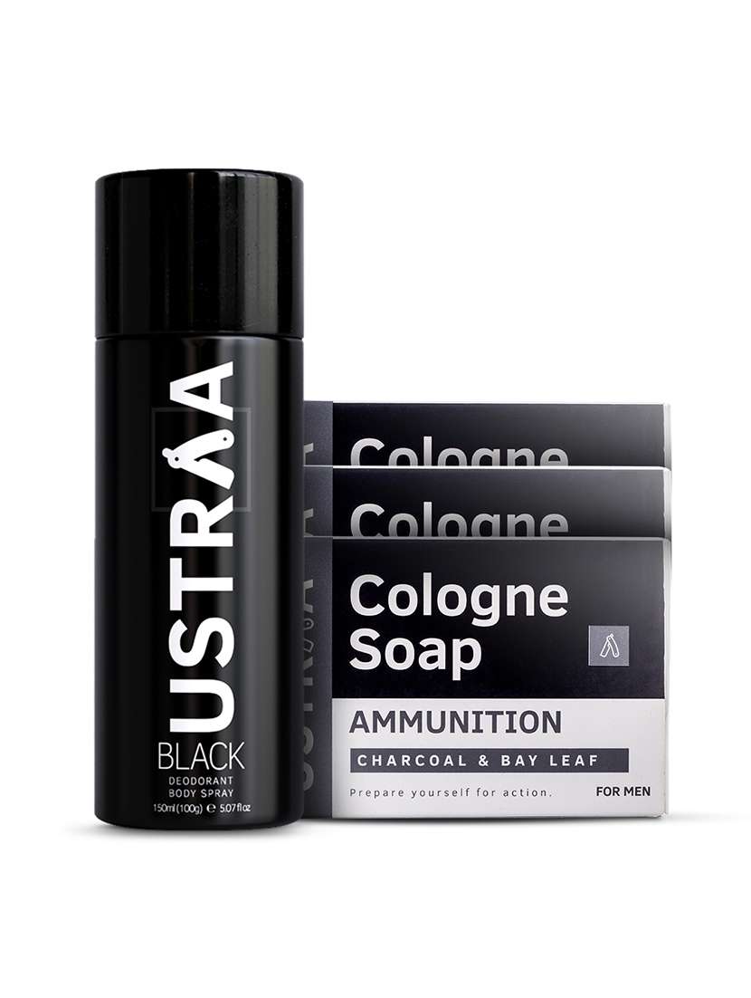 ustraa black deodorant body spray 150 ml & ammunition cologne soap - pack of 3