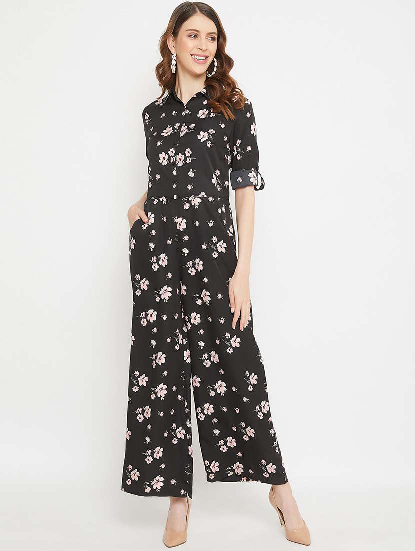 roll up sleeved floral full leg jumpsuit