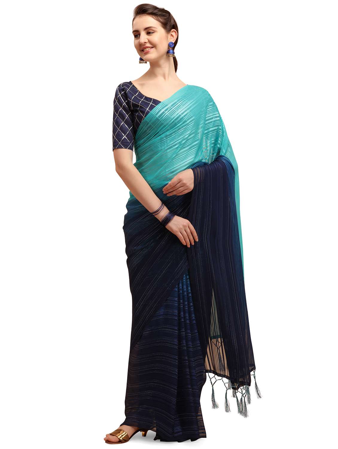 women's stripes blue colored saree with blouse