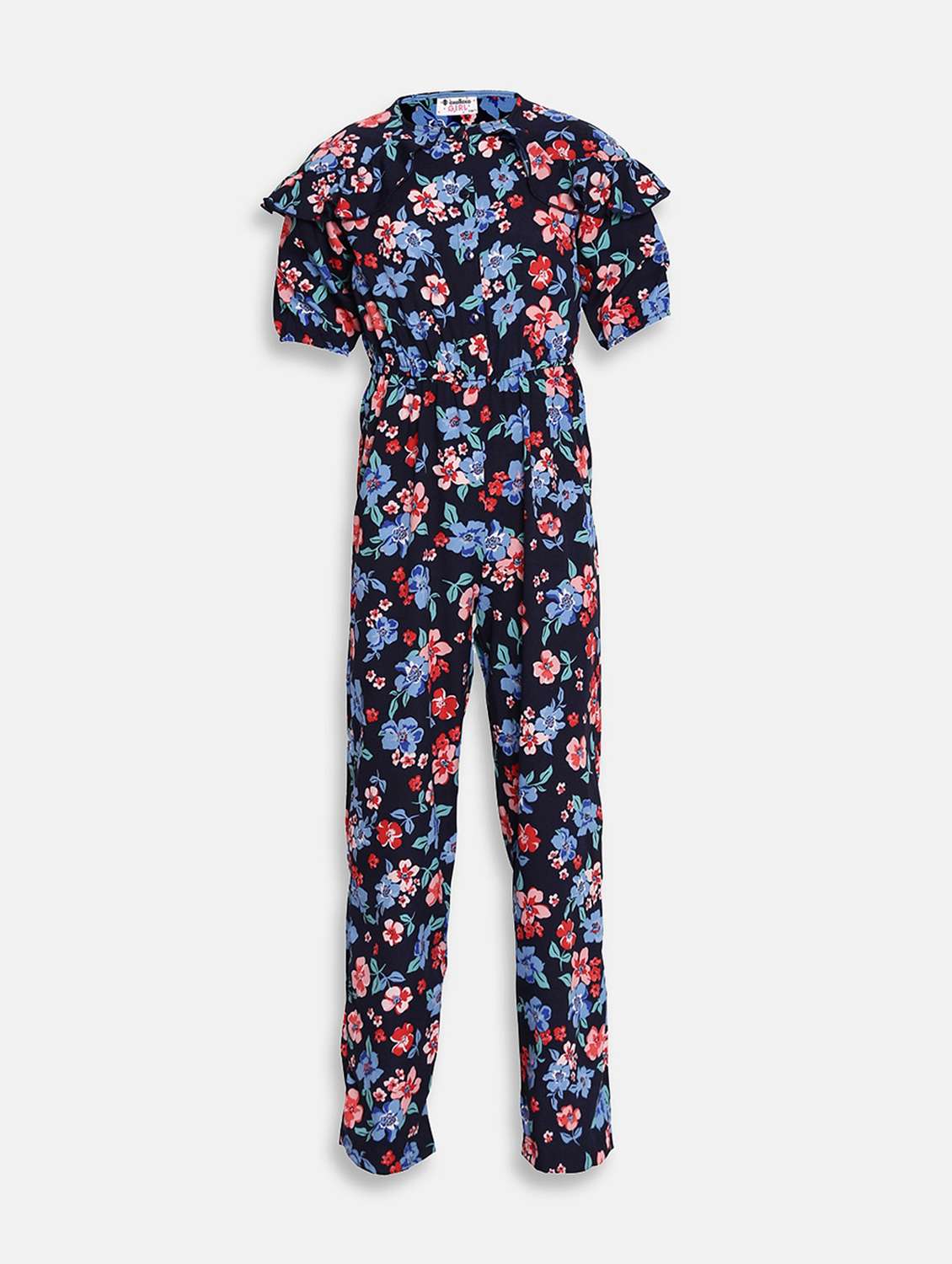 blue floral full length jumpsuit