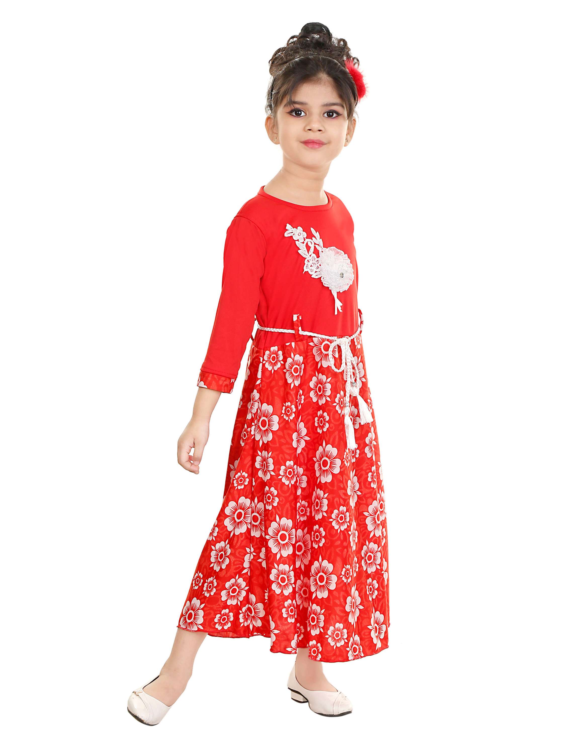 negup girls calf length party dress grown  (red, full sleeve) - 17882578 -  Standard Image - 2