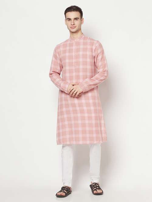 pink checkered long kurta - 17887117 - Standard Image - 0