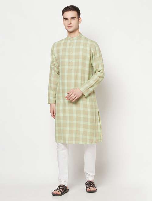 olive green checkered long kurta - 17887118 - Standard Image - 0
