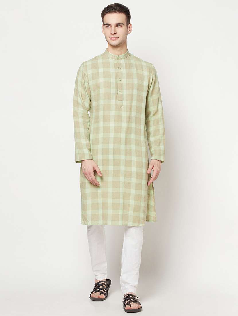 olive green checkered long kurta